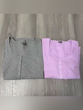 Bundle of 2 Eddie Bauer Women's Ribbed Thermal Henley Gray/ Lavender Size XL